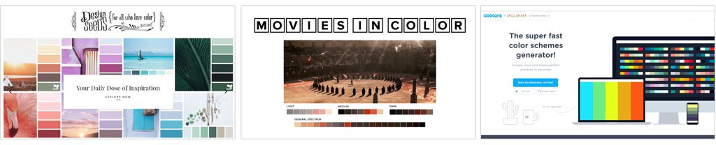 Da esquerda para a direita, Inspire-se a partir de belas imagens no design-seeds.com (na seção “by color” é possível pesquisar paletas a partir decores específicas), busque referência no que o cinema ou a televisão já fazem e fazem muito bem no moviesincolor.com ou simplesmente aperte a barra de espaço e veja o que acontece no coolors.co/app.